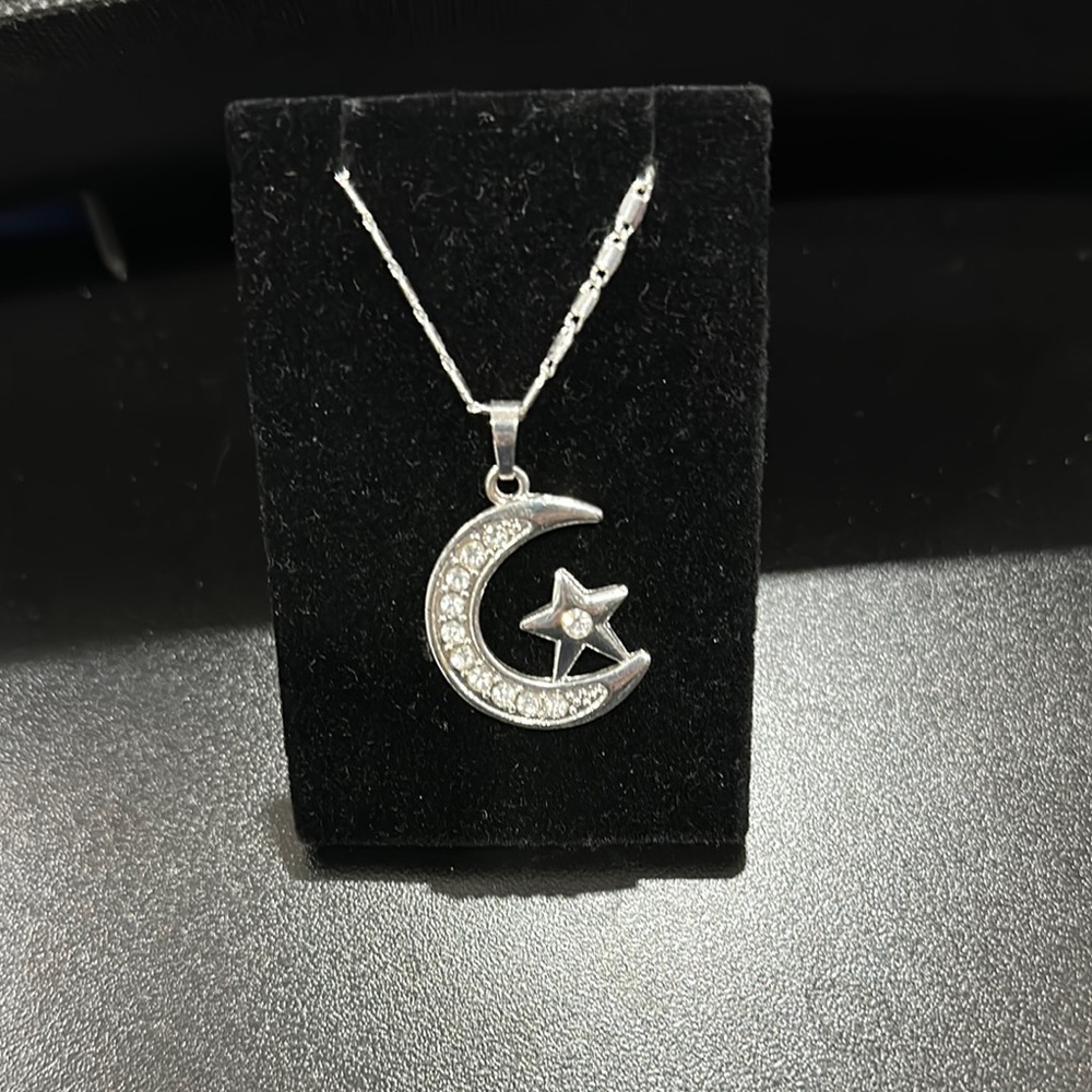 Silver Crescent Moon and Star Pendant Necklace